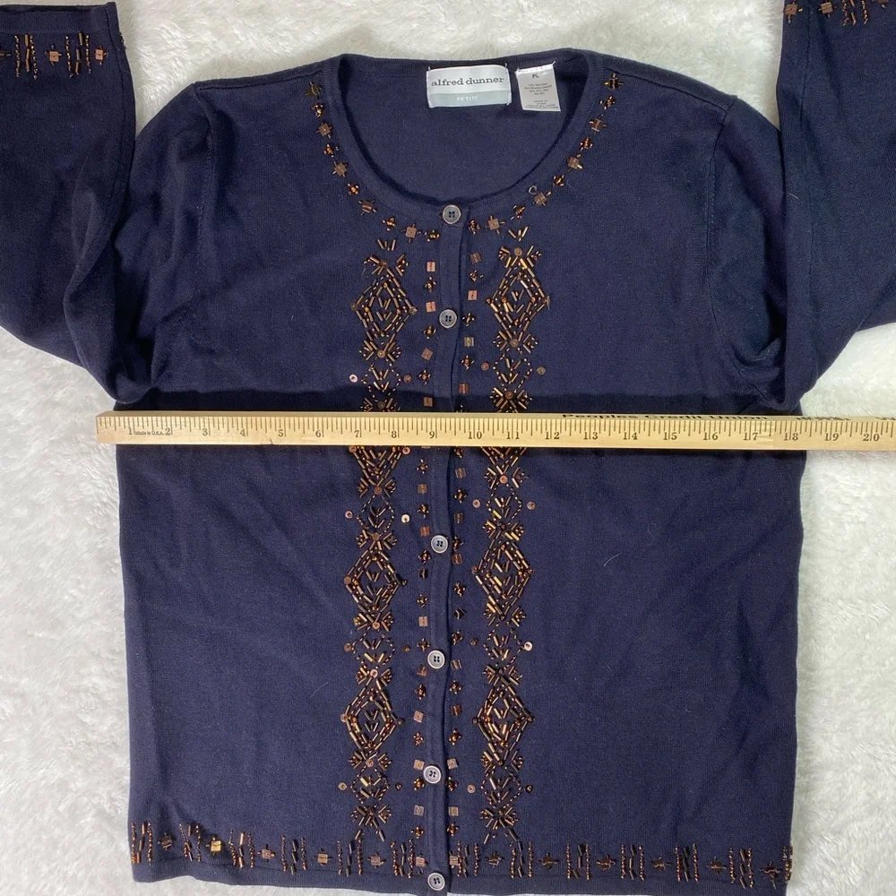 Alfred Dunner Petite Beaded Cardigan Navy Blue Knit Sweater size petite Large - Picture 6 of 8